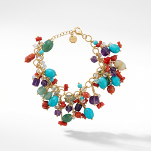 NIVY - BRACCIALE CON CORALLO, PASTA DI TURCHESE E AMETISTE