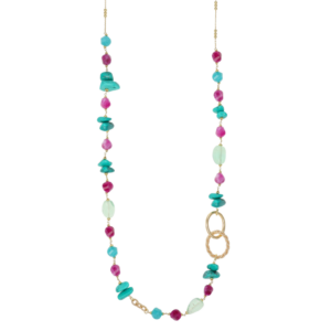 NIVY - COLLANA LUNGA IN ARGENTO DORATO CON AGATA, PIETRE VERDI E FUCSIA