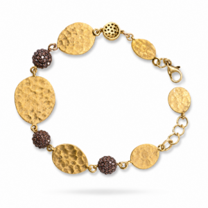 BRACCIALE IN ARGENTO DORATO CON CERCHI MARTELLATI E ZIRCONATI